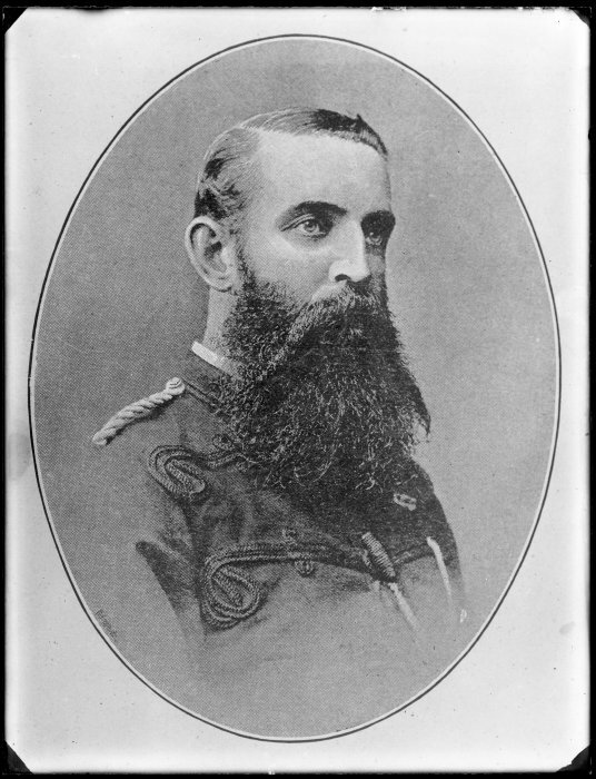  Head-and-shoulders portrait of Gilbert Mair in military uniform, ca. 1880. Photographer unidentified. 