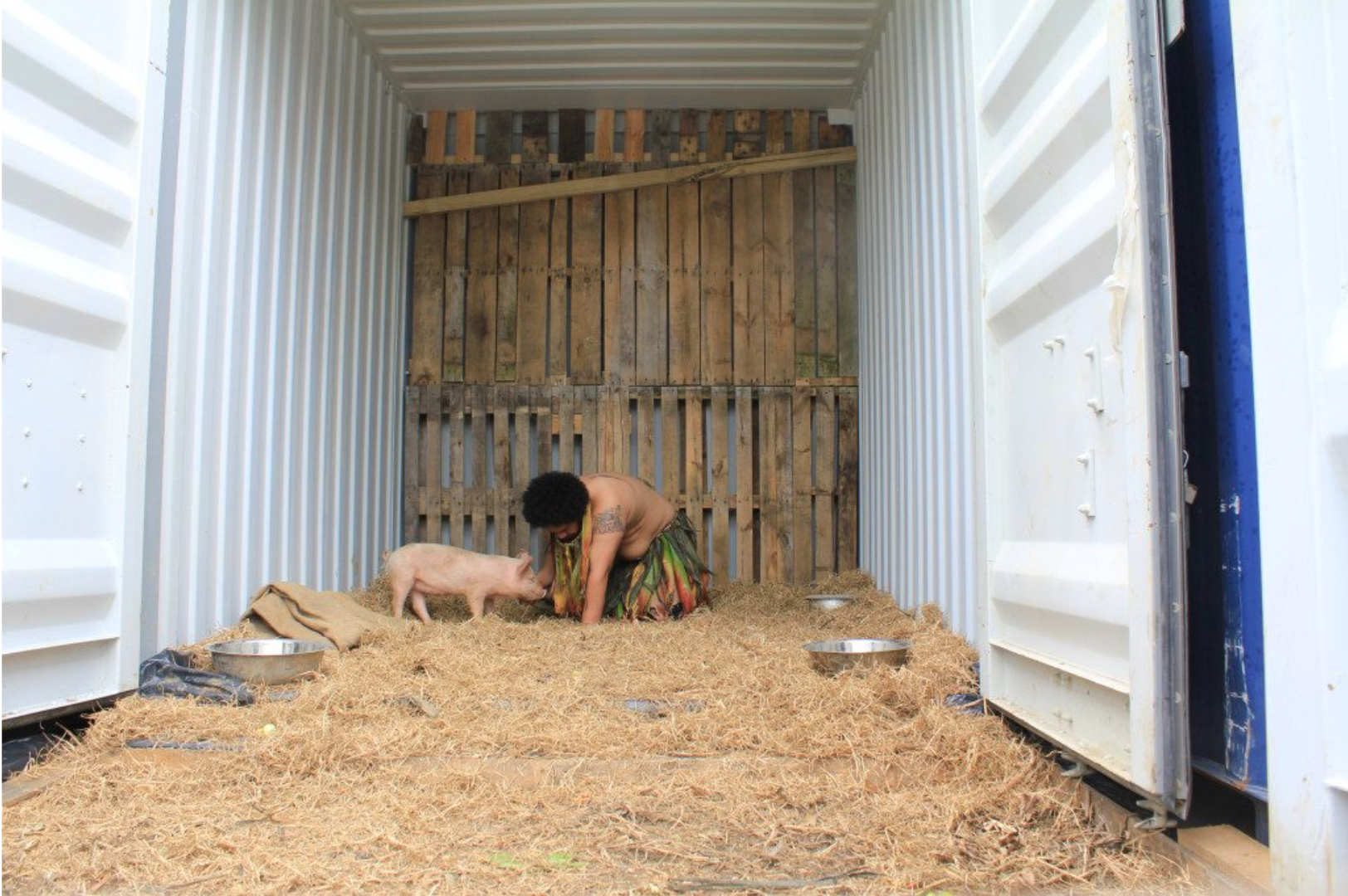 Kalisolaite ‘Uhila, “Pigs in the Yard”, 2011, documentation of performance, Aotea Square Performance Arcade, Auckland