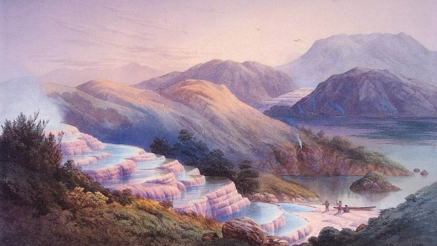 JC Hoyte's painting of the Pink and White Terraces in the 1870s, Hocken Collections.