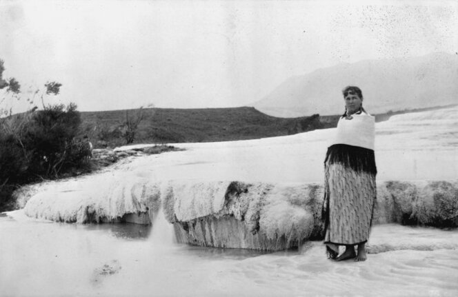  Sophia Hinerangi on the Terraces by Te Tarata's hot baths not far from the geyser cauldron, Rotomahana. Photograph by G D Valentine, January 1885.