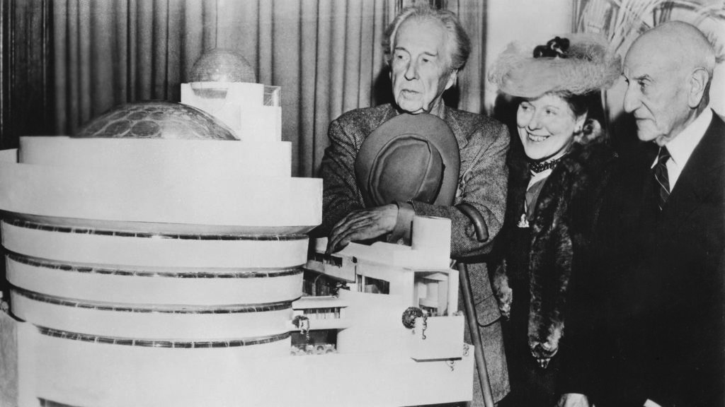 Frank Lloyd Wright, Baroness Hilla Rebay, and Solomon R. Guggenheim beside a model of the Solomon R. Guggenheim Museum, 1947. Photograph by Margaret Carson.