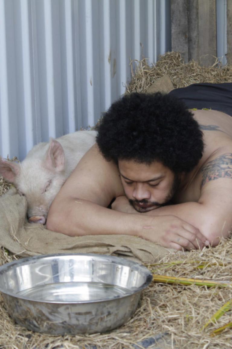 Kalisolaite ‘Uhila, “Pigs in the Yard”, 2011, documentation of performance, Aotea Square Performance Arcade, Auckland
