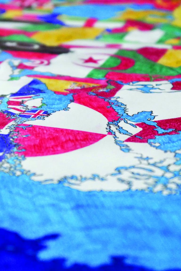 Ryts Monet, Pangea (in reference to Alighiero Boetti), detail, colored ballpoint pen on paper, 135 × 102 cm, 2025.