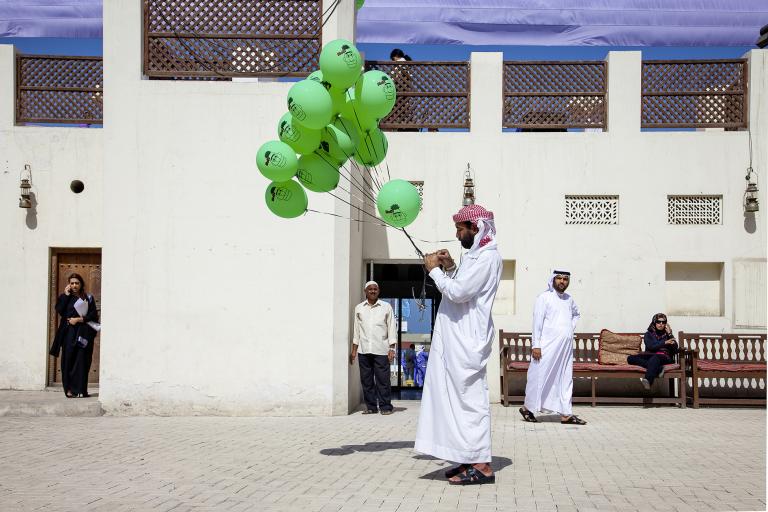 Slavs and Tatars, "A Monobrow Manifesto", 2011. Screen print on balloons, installation view at the Sharjah Biennale, 2011. Courtesy of The Third Line, Dubai. Photo: Elizabeth Rappaport.