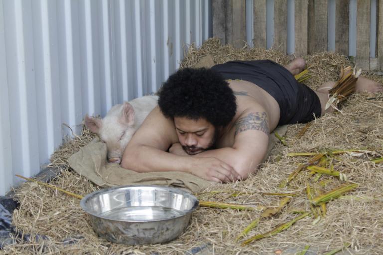 Kalisolaite ‘Uhila, “Pigs in the Yard”, 2011, documentation of performance, Aotea Square Performance Arcade, Auckland