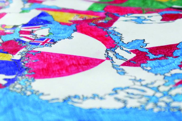 Ryts Monet, Pangea (in reference to Alighiero Boetti), detail, colored ballpoint pen on paper, 135 × 102 cm, 2025.