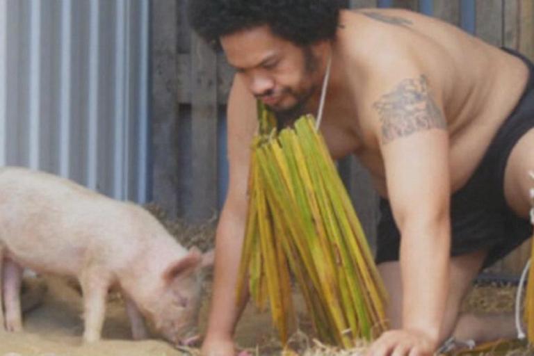 Kalisolaite ‘Uhila, “Pigs in the Yard”, 2011, documentation of performance, Aotea Square Performance Arcade, Auckland, photos by Linda Trubridge and Sam Trubridge