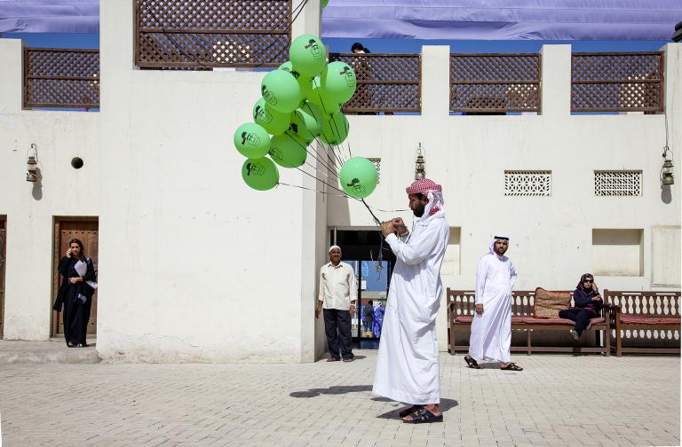 Slavs and Tatars, "A Monobrow Manifesto", 2011. Screen print on balloons, installation view at the Sharjah Biennale, 2011. Courtesy of The Third Line, Dubai. Photo: Elizabeth Rappaport.