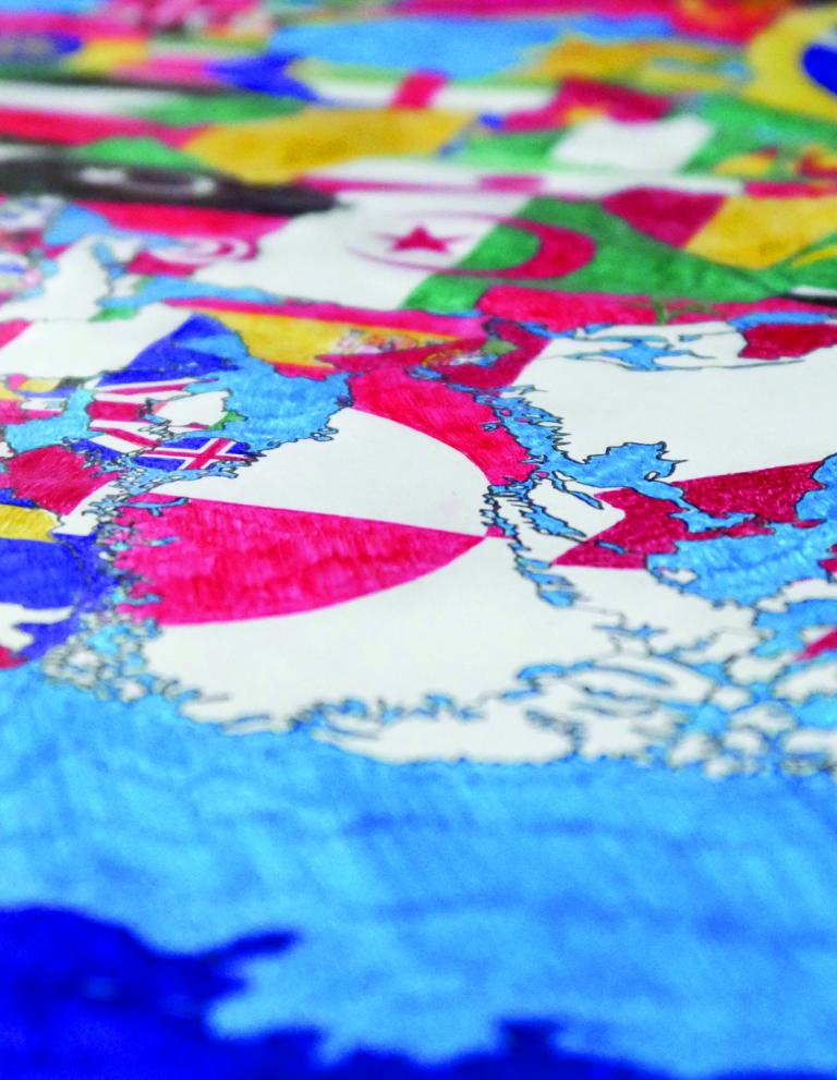 Ryts Monet, Pangea (in reference to Alighiero Boetti), detail, colored ballpoint pen on paper, 135 × 102 cm, 2025.