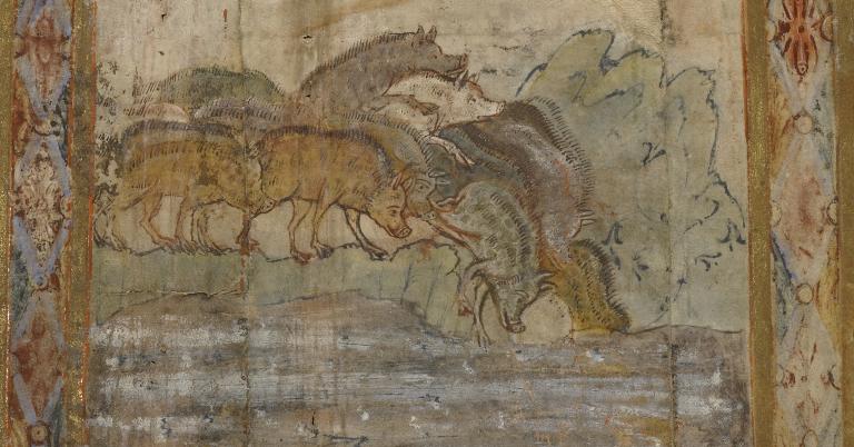 Artist unknown, “The Miracle of the Gadarene Swine”, circa 1000, tempera colors, gold leaf, and ink on parchment, digital image courtesy of the Getty's Open Content Program