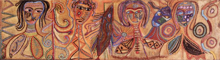 Aloï Pilioko, Tattooed Women of Bellona, Solomon Isles, 1966, wool tapestry and oil paint on jute (copra sacking), private collection, image courtesy of Aloï Pilioko
