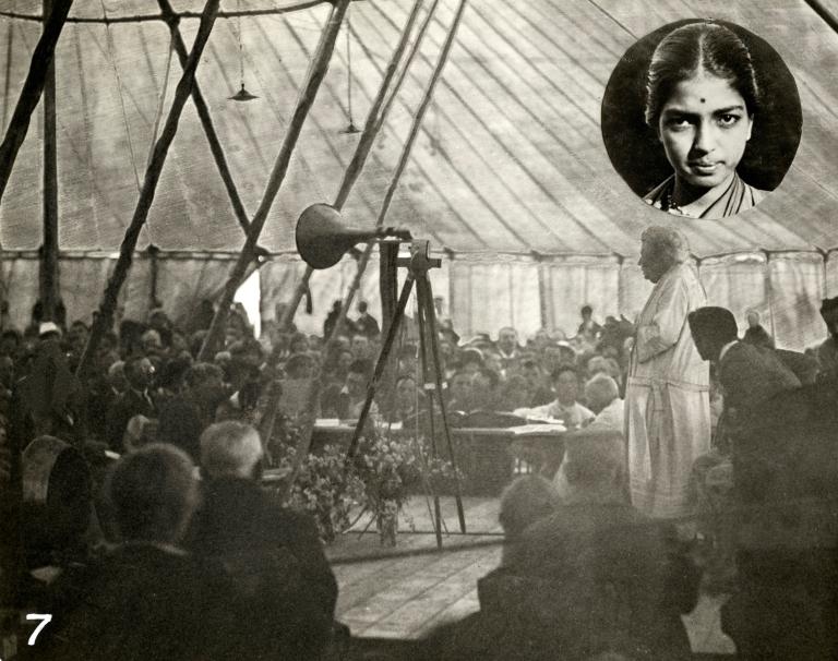 Dr. Annie Besant, president of the Theosophical Society, speaks at the Theosophical Star Camp in Ommen, the Netherlands, 1926. Inset: Mrs. Rukmani, apostle of Krishnamurti.