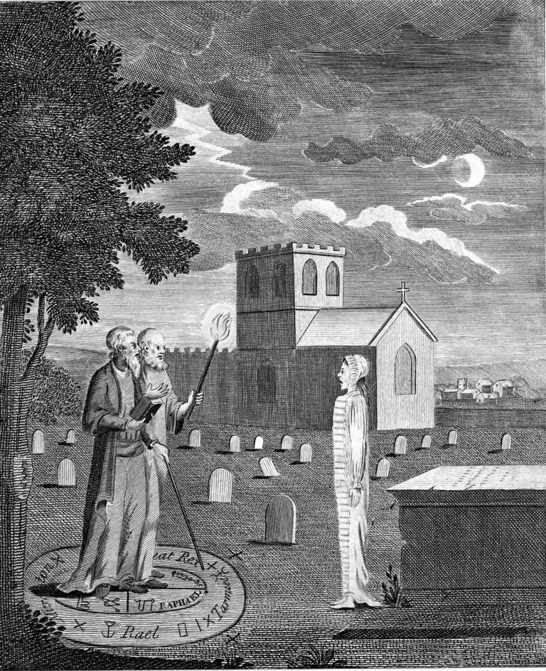 Copperplate engraving of Edward Kelley invoking a spirit, ca. 1790, after a drawing by Ebenezer Sibly, engraved by John Ames of Bristol.