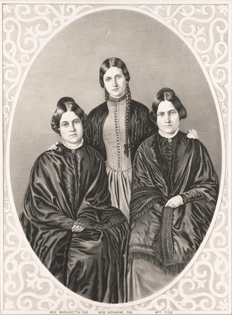 The Fox sisters (Maggie, Kate, and Leah), pioneers of Spiritualism. Lithograph after a daguerreotype by Appleby, published by N. Currier, New York, 1852.