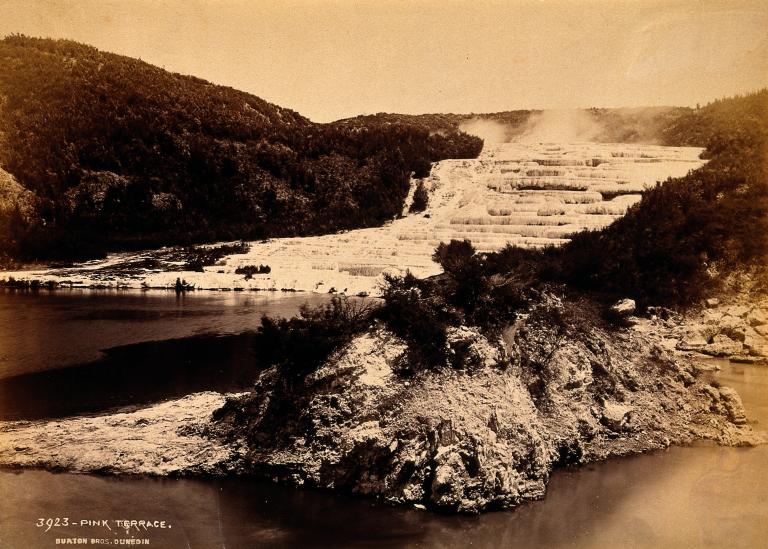 Pink and White Terraces, New Zealand: terraced thermal pools on the edge of Lake Rotomahana. Albumen print by Burton Brothers.