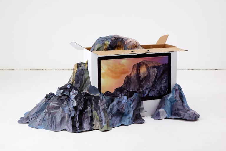 Zsófia Keresztes, RAW mountain (from the series User Experience), 2015, paper, glue, acrylic paint, iMac box. Photo: Krisztián Zana.
