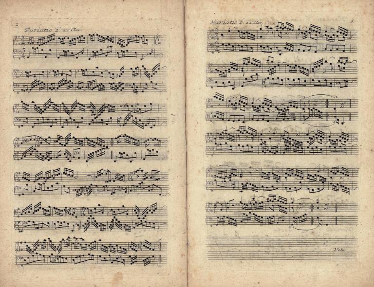 Score to the “Goldberg Variations”, Johann Sebastian Bach. These are thought to be pages from Bach’s personal copy. Nürnberg Balthasar Schmid, c1742. Paris Bibliothèque nationale de France, département de la musique.