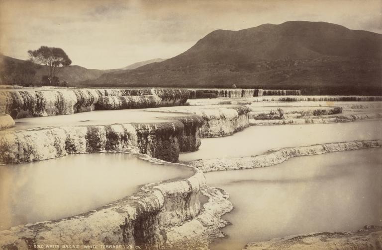 Cold Water Basins, White Terrace, Lake Rotomahana, ca. 1885, photo by George Dobson Valentine, Albumen print.