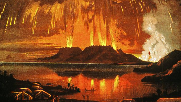 Charles Blomfield's painting of the 1886 eruption of Mount Tarawera based on eyewitness accounts.